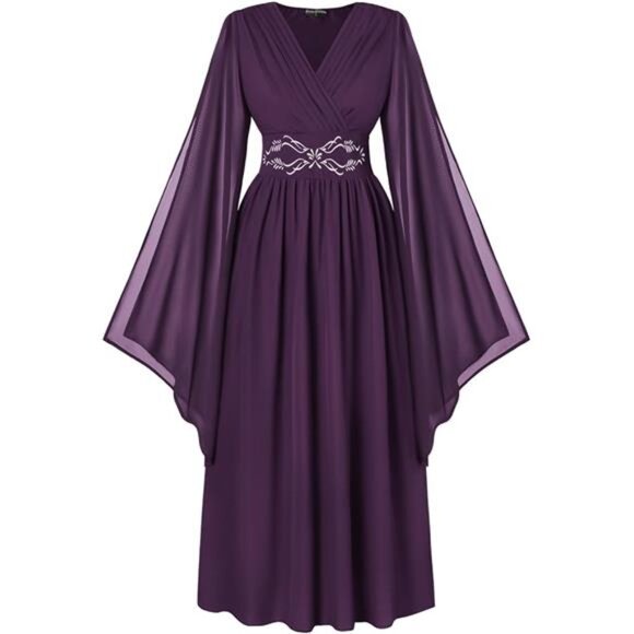 Women's Renaissance Costume Wrap V Neck Medieval Dress Purple - Picture 7 of 7